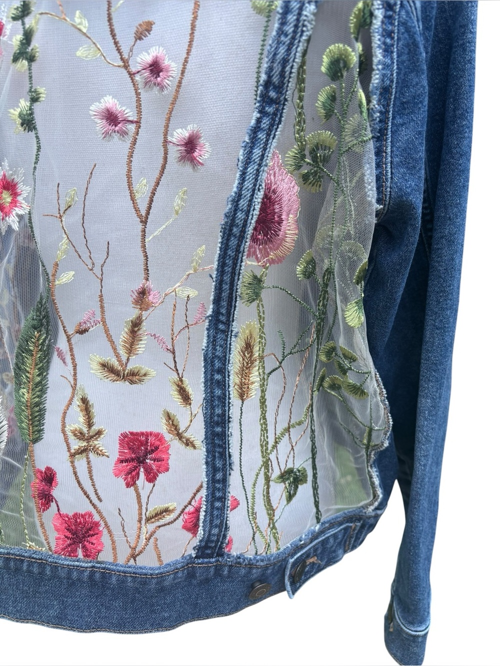 Handmade Floral Embroidered Denim Jacket Wearable Art Large - Picture 5 of 10